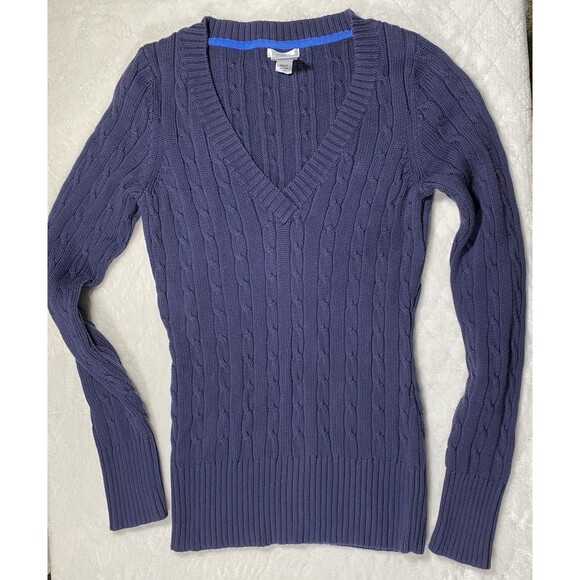 Old Navy Perfect Fit Cable-Knit Sweater V-Neck Blue Preppy Career Women's Sz M - Picture 3 of 8